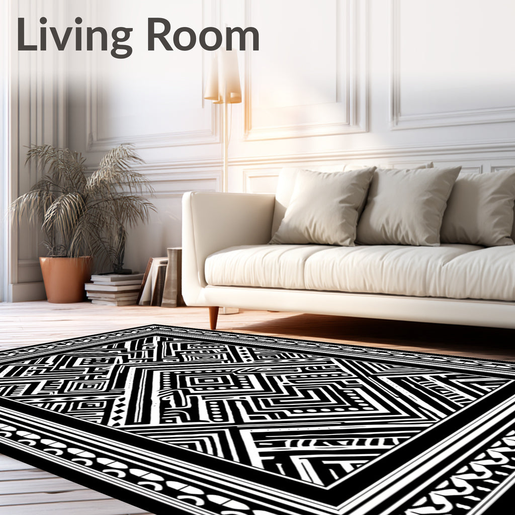 Black White Tribal Geometric Maze Rug