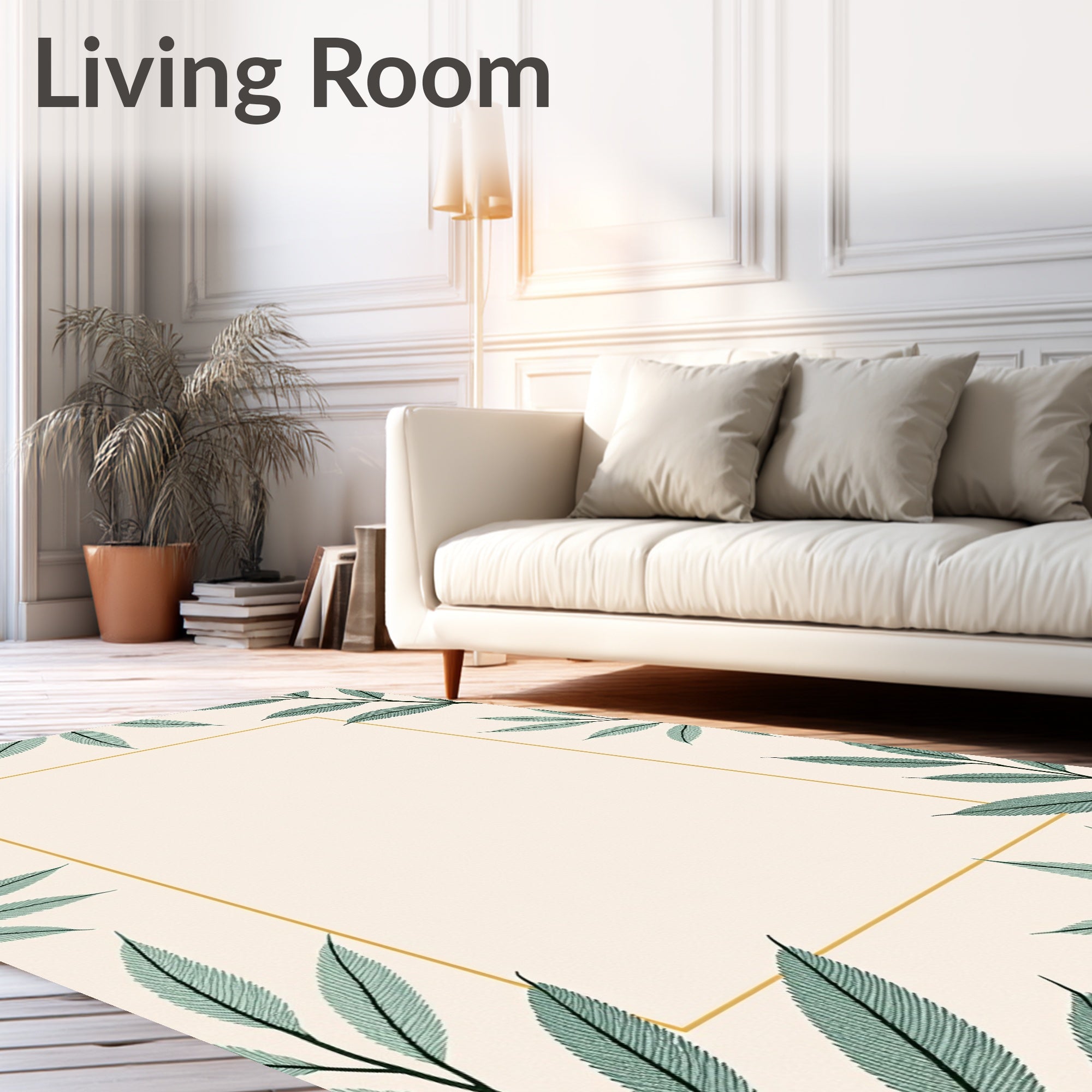 Elegant Green Leaf Bordered Cream Rug