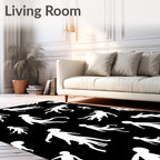 White Figures on Black Background Rug