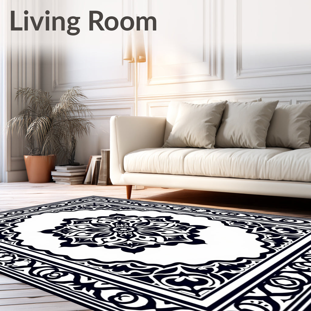 Black White Palmette Medallion Frame Rug