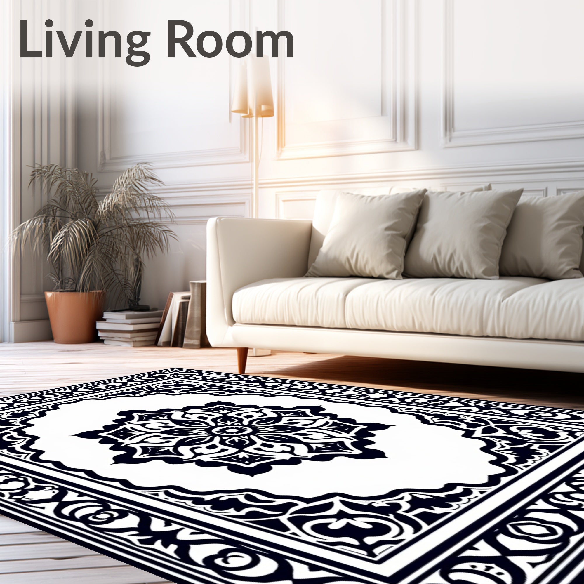 Black White Palmette Medallion Frame Rug
