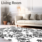 Black White Floral Ornamental Swirl Accents Rug