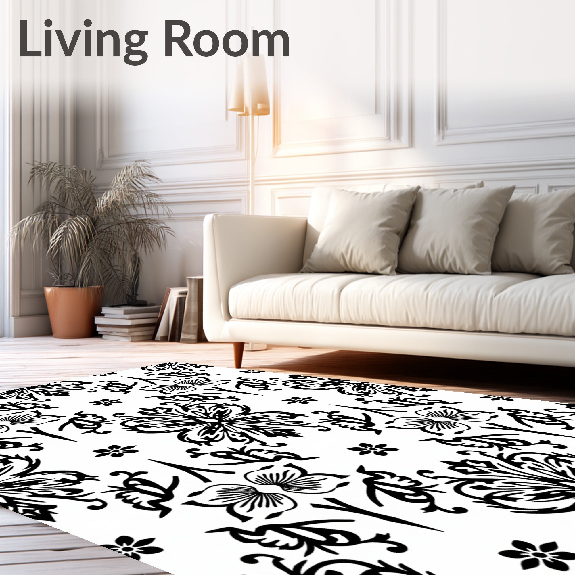 Black White Floral Ornamental Swirl Accents Rug
