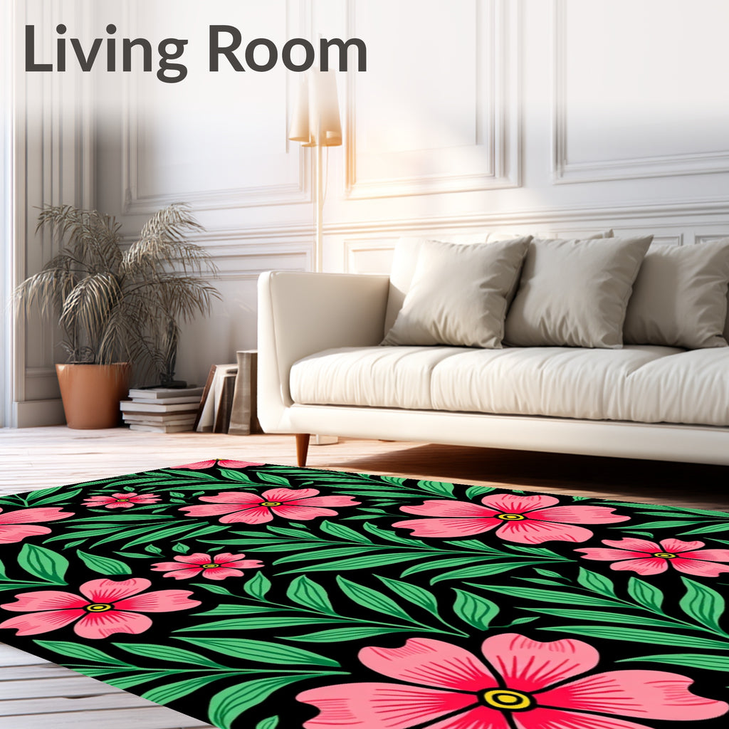 Vibrant Pink Floral Foliage Black Rug