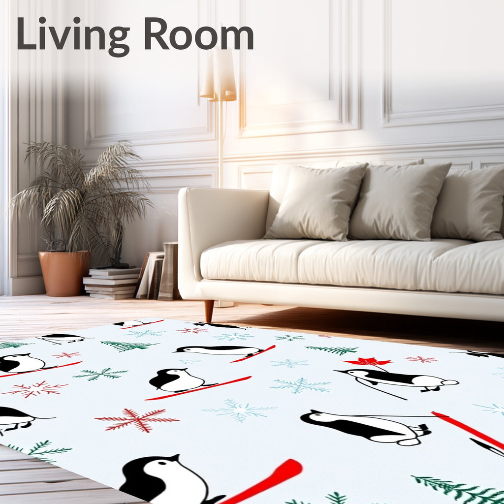 Whimsical Penguin Skiing Snow Snowflake Theme Rug