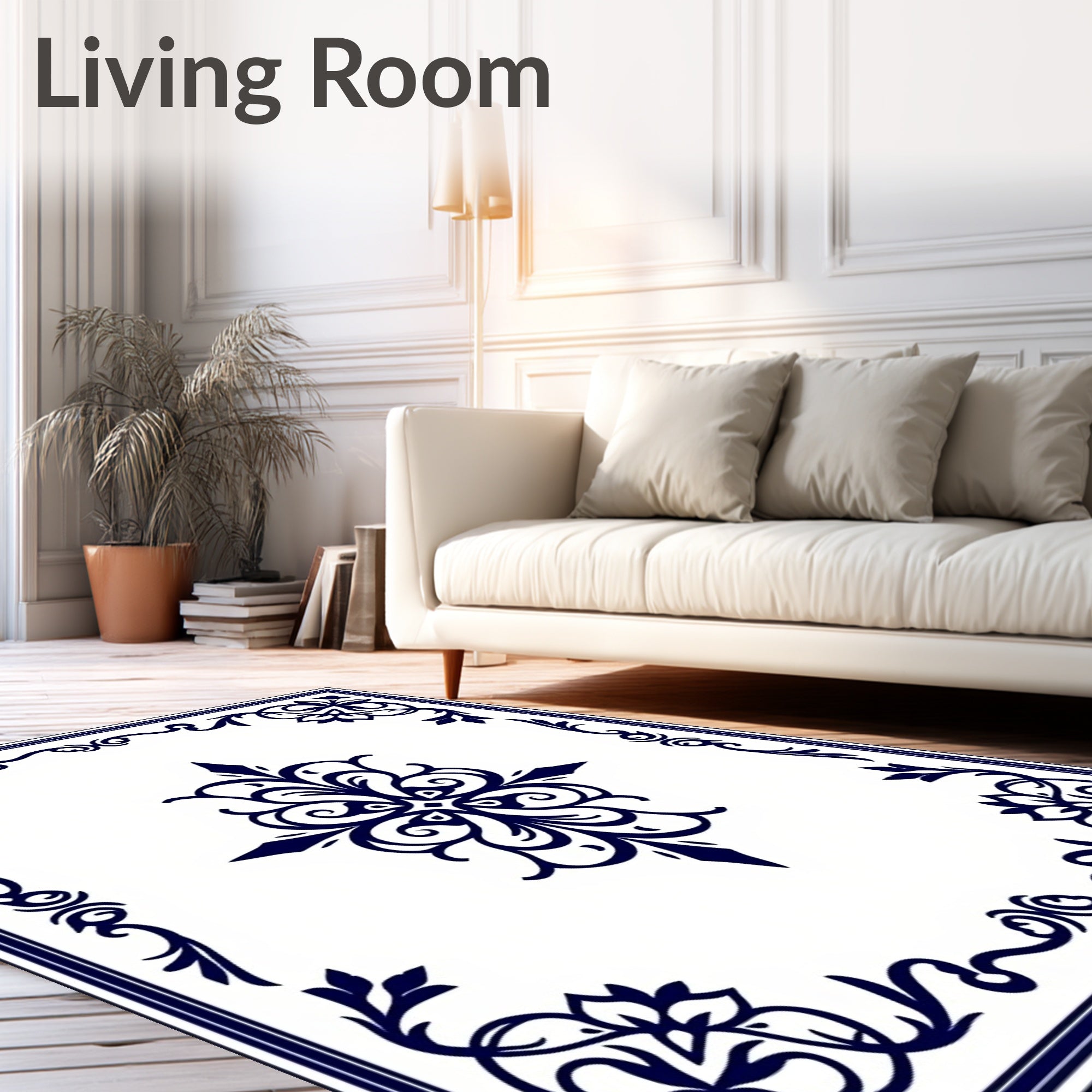 Classic Navy Floral Medallion Frame Rug