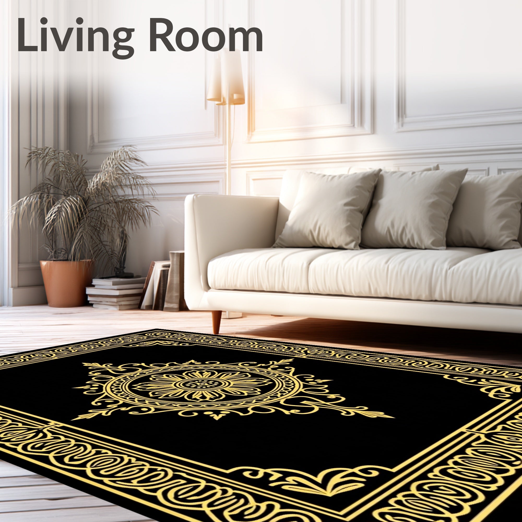 Black Golden Ornate Floral Medallion Border Rug