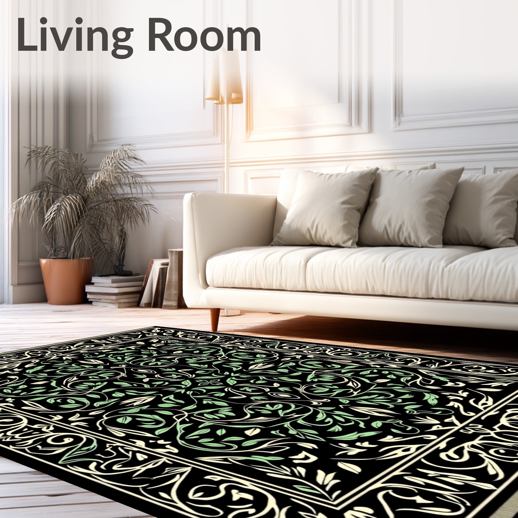 Cream Green Floral Vine Area Rug