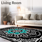 Black Aqua White Starburst Mandala Rug
