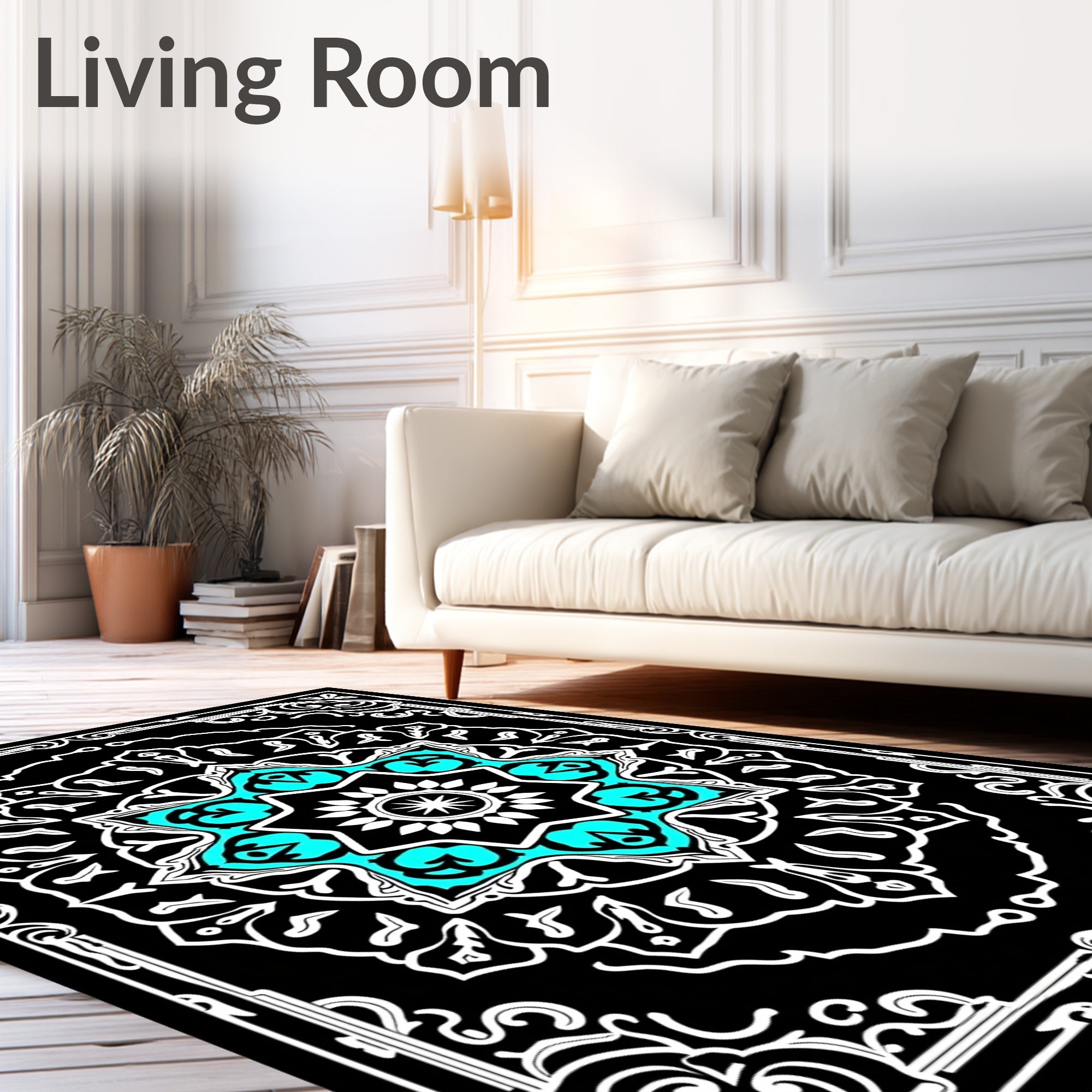 Black Aqua White Starburst Mandala Rug