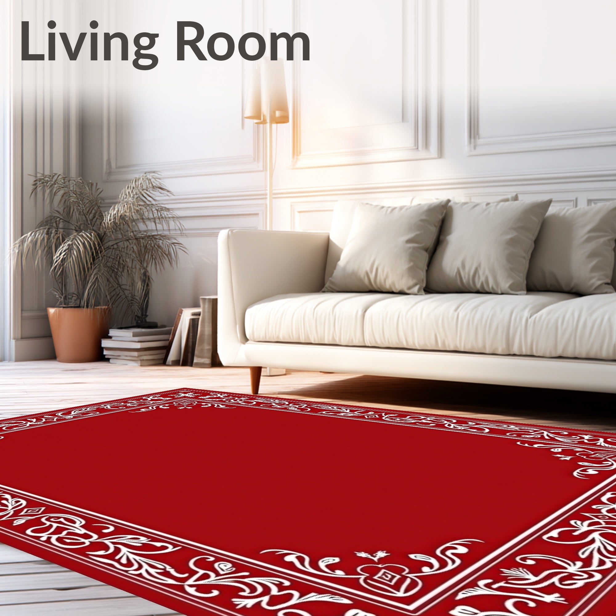 Crimson White Scroll Border Rug