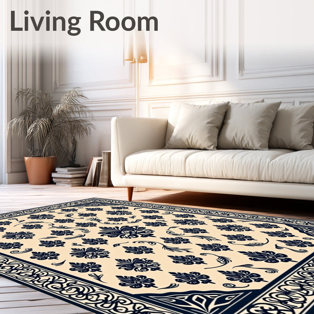 Navy Cream Damask Floral Medallion Rug