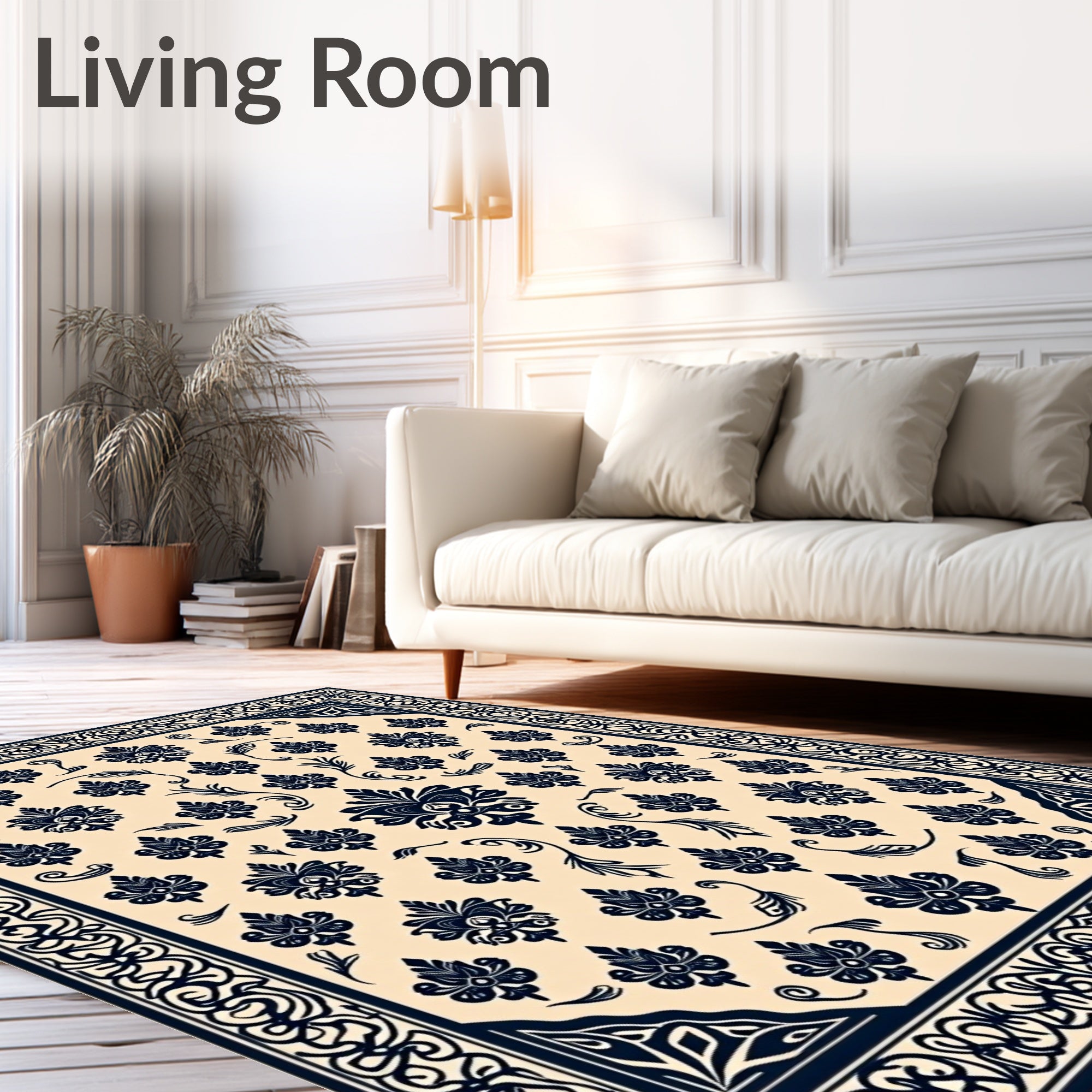 Navy Cream Damask Floral Medallion Rug