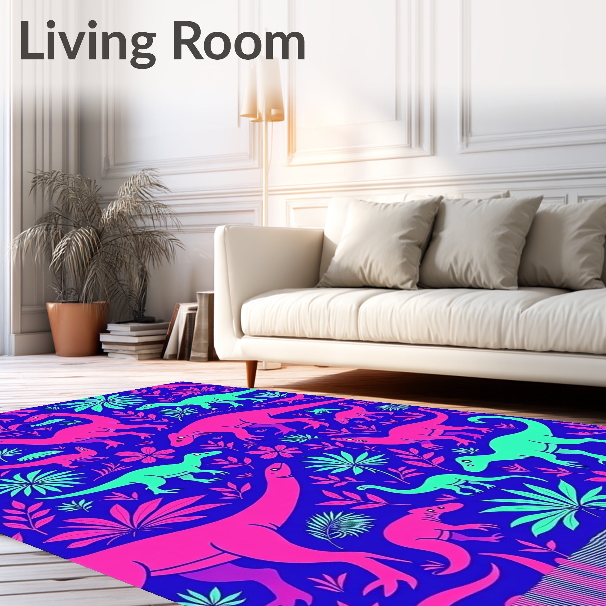 Retro Neon Dinosaur Jungle Scene Rug