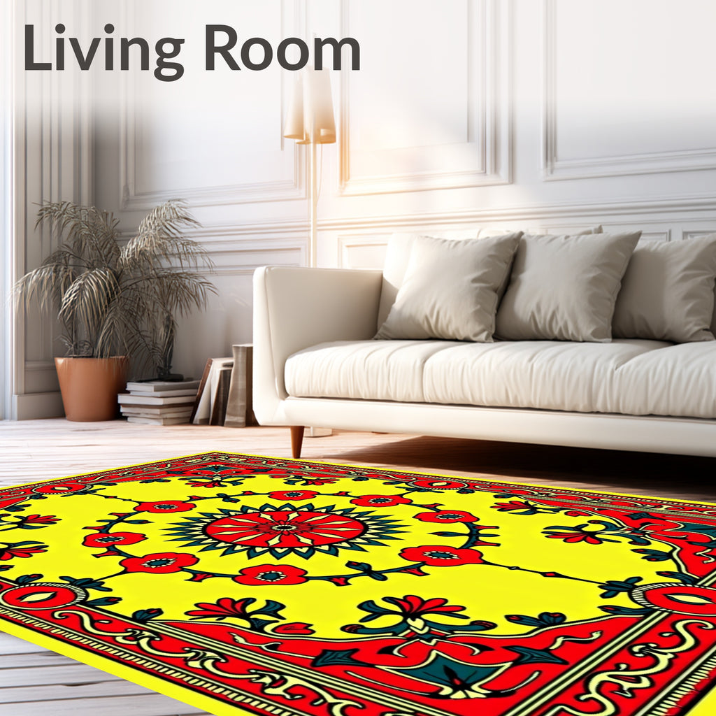 Vibrant Yellow Red Floral Medallion Rug