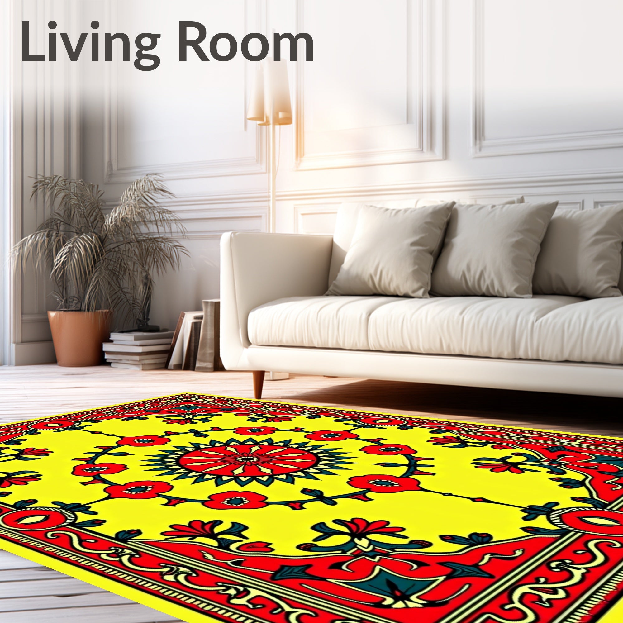 Vibrant Yellow Red Floral Medallion Rug
