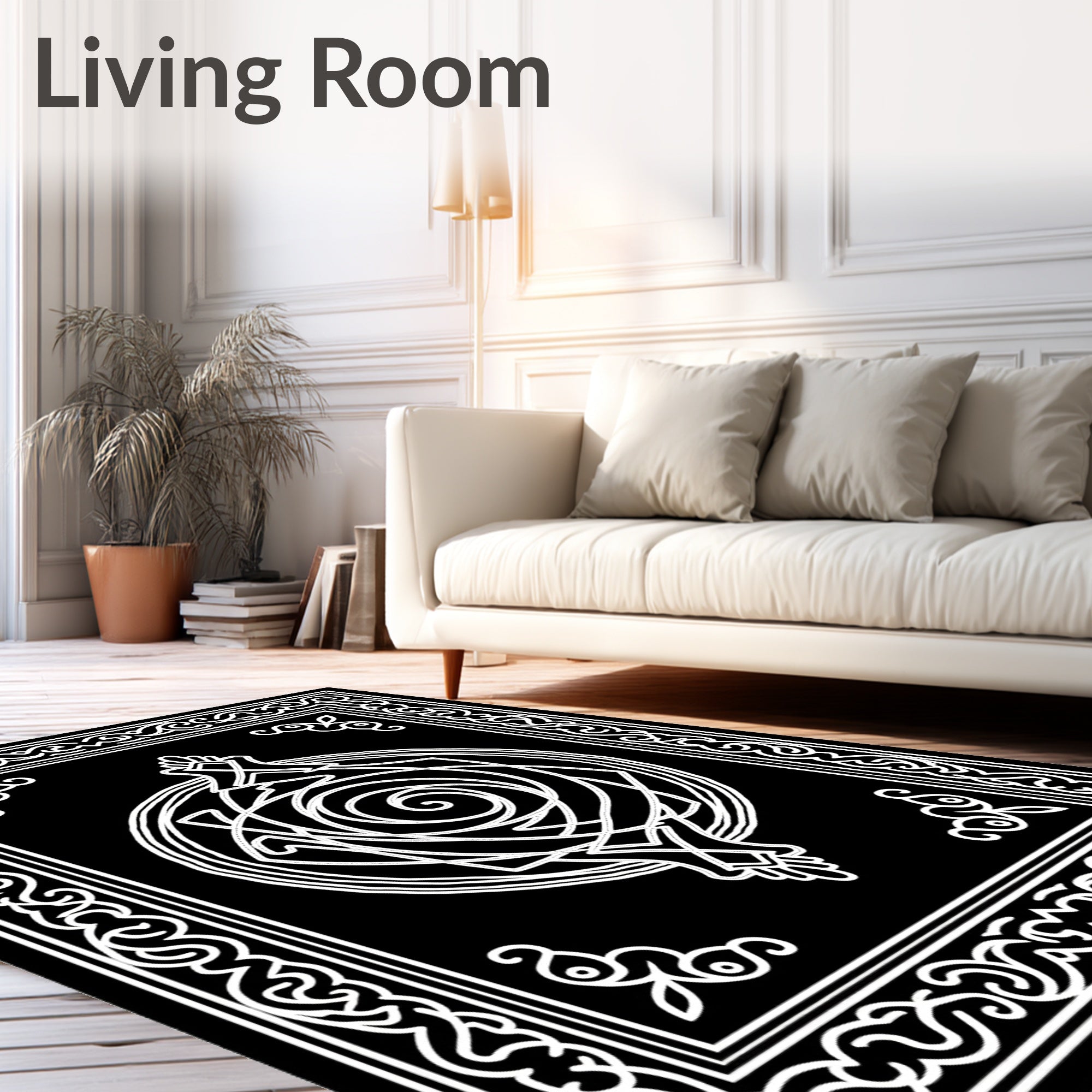 Black White Elaborate Orb Border Rug
