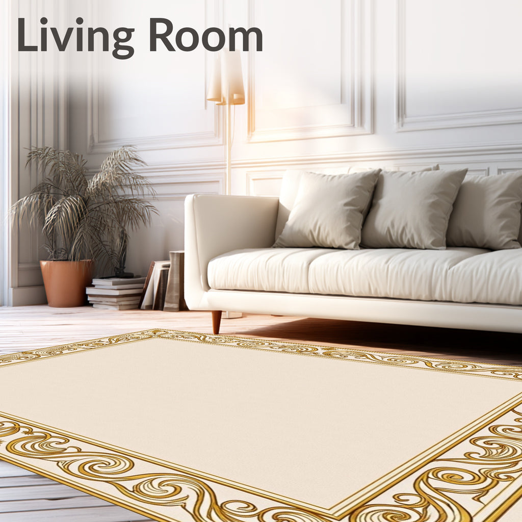 Golden Cream Ornate Scroll Border Rug