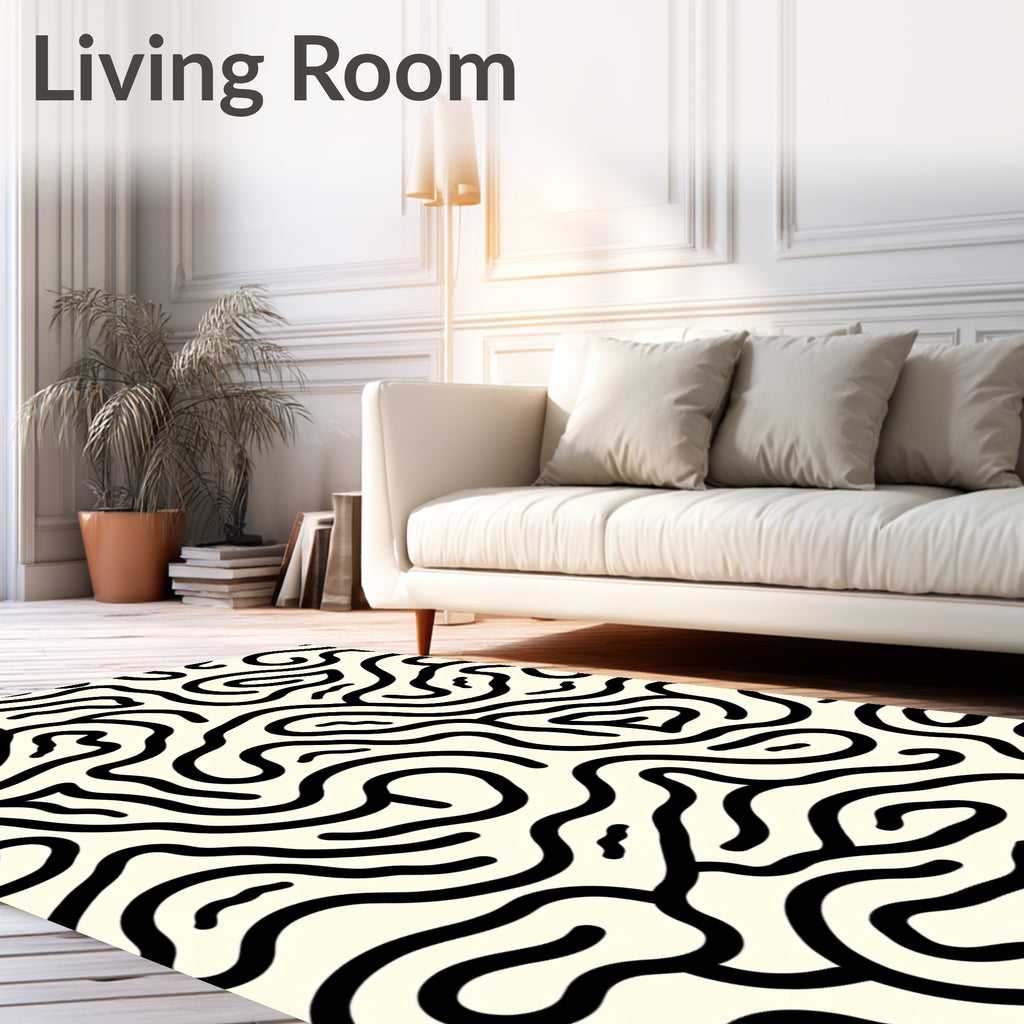 Cream Black Abstract Line Maze Rug