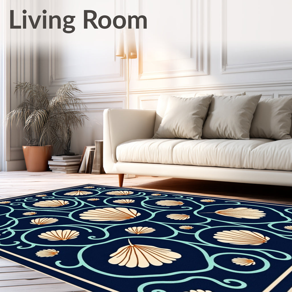 Navy Seashell Medallion Scrollwork Rug