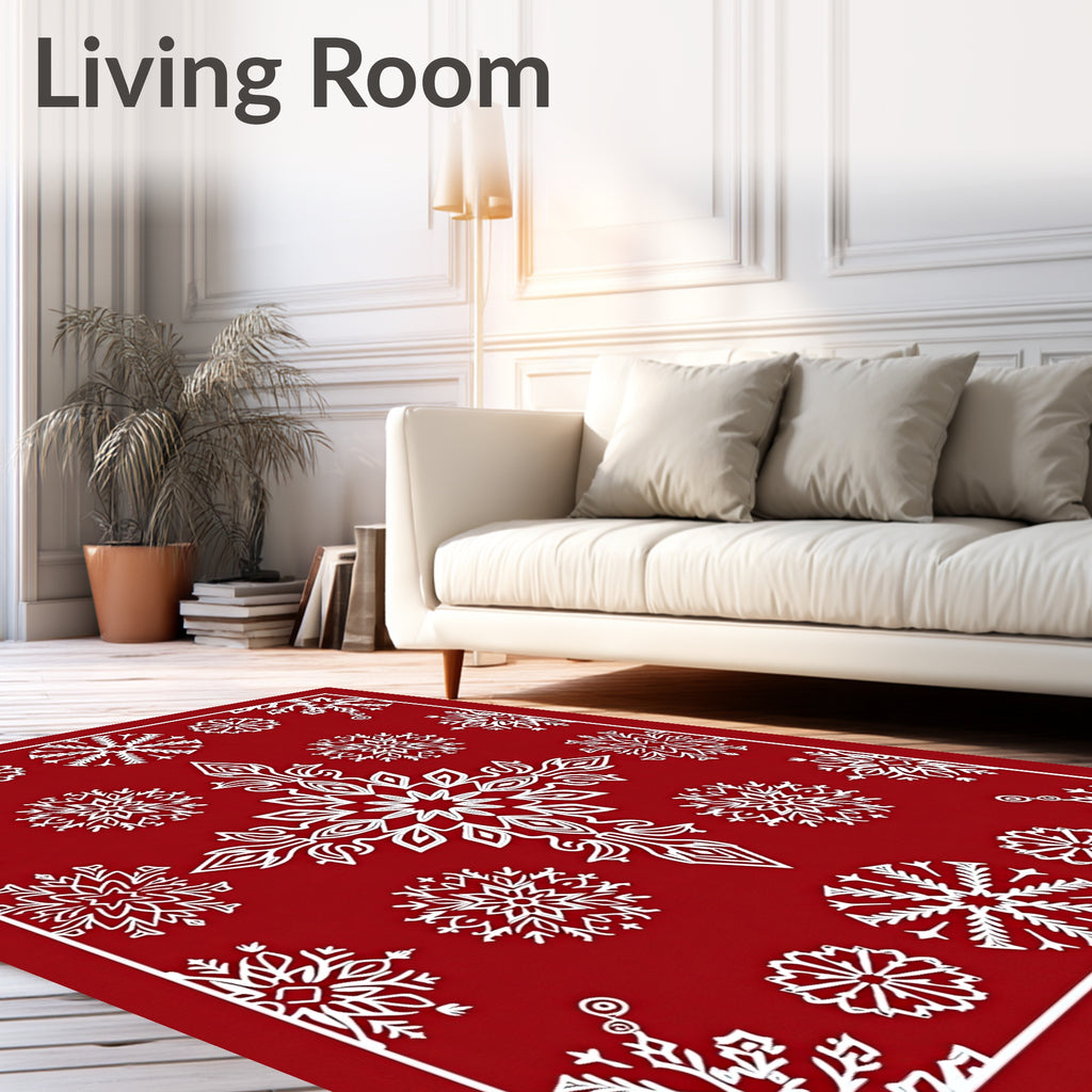Crimson White Snowflake Collage Rug
