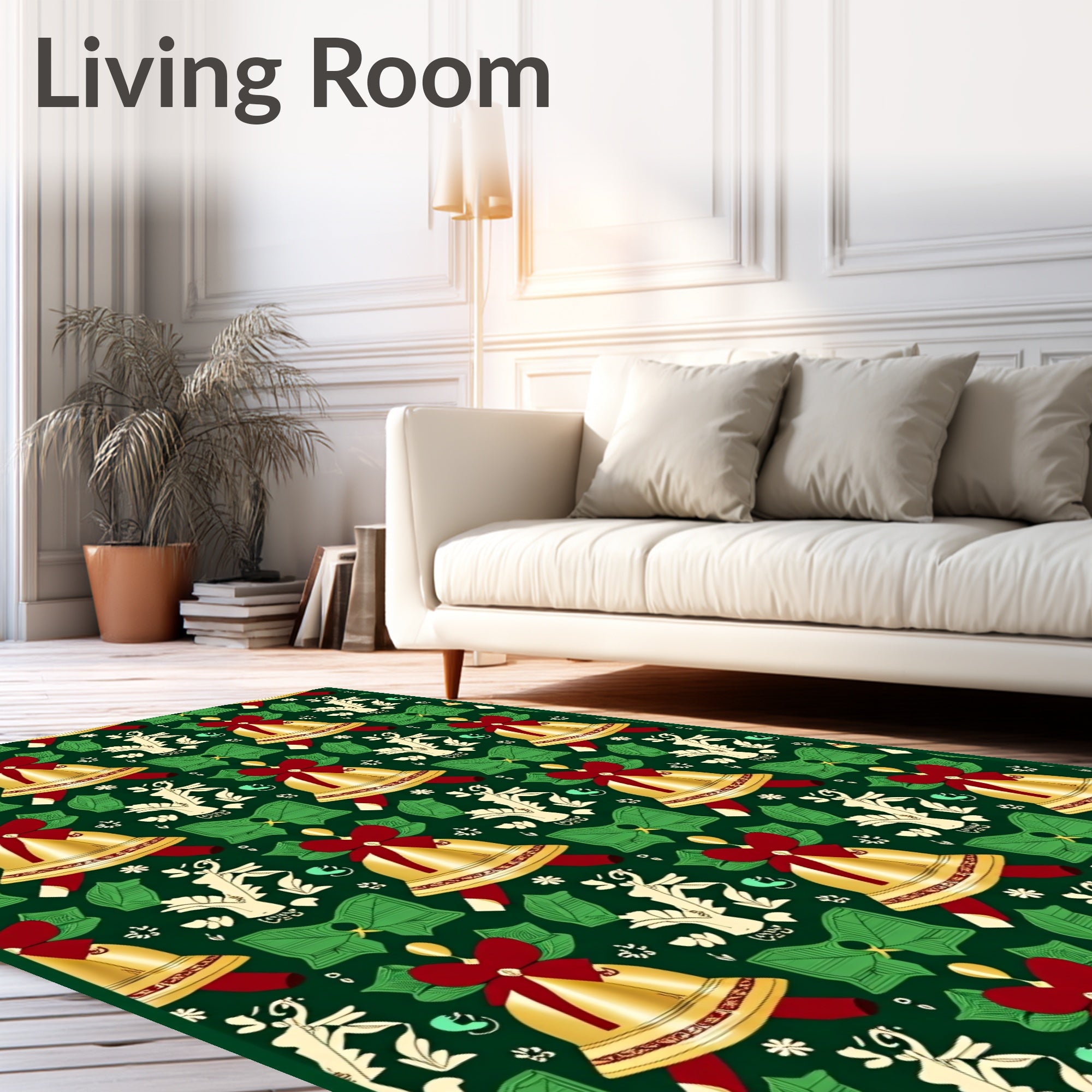 Festive Gold Bells Red Bows Holly Rug