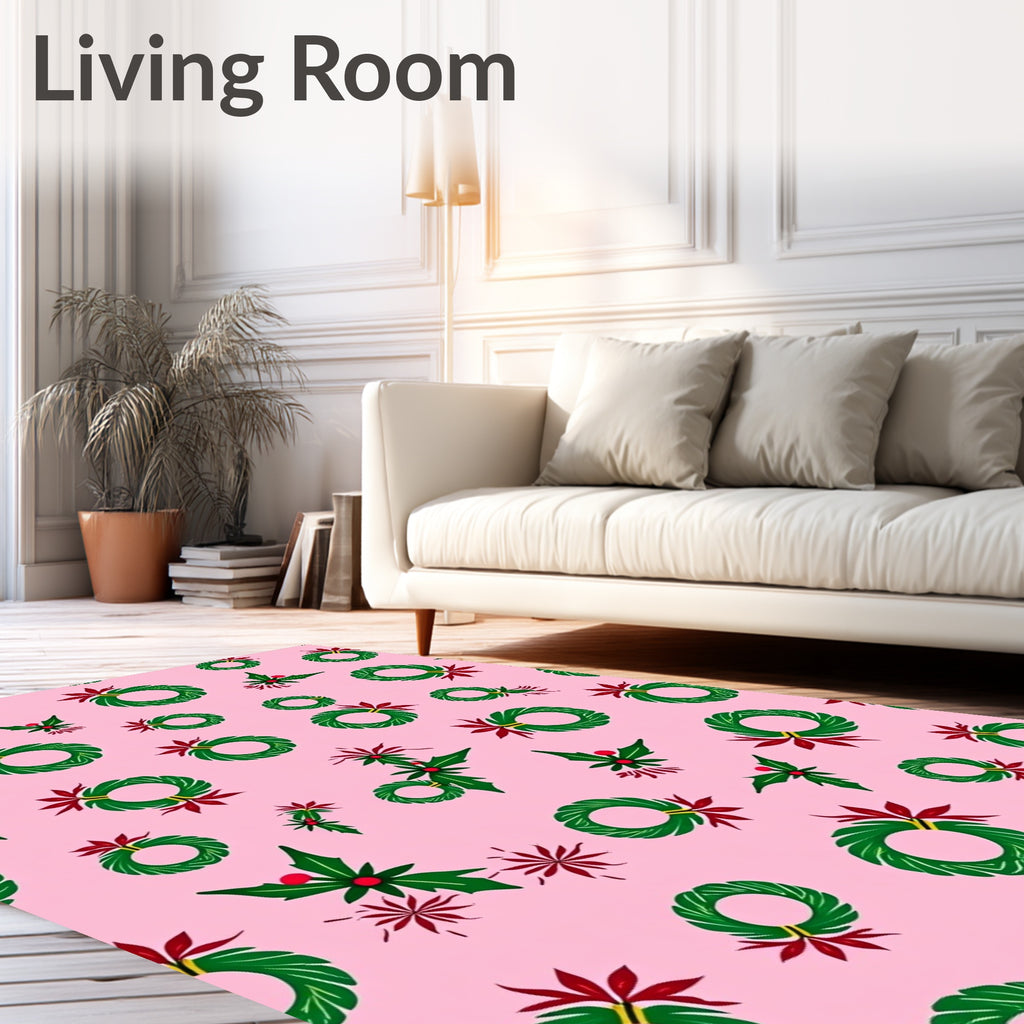 Festive Green Wreath Holly Red Bows Rug