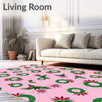 Festive Green Wreath Holly Red Bows Rug