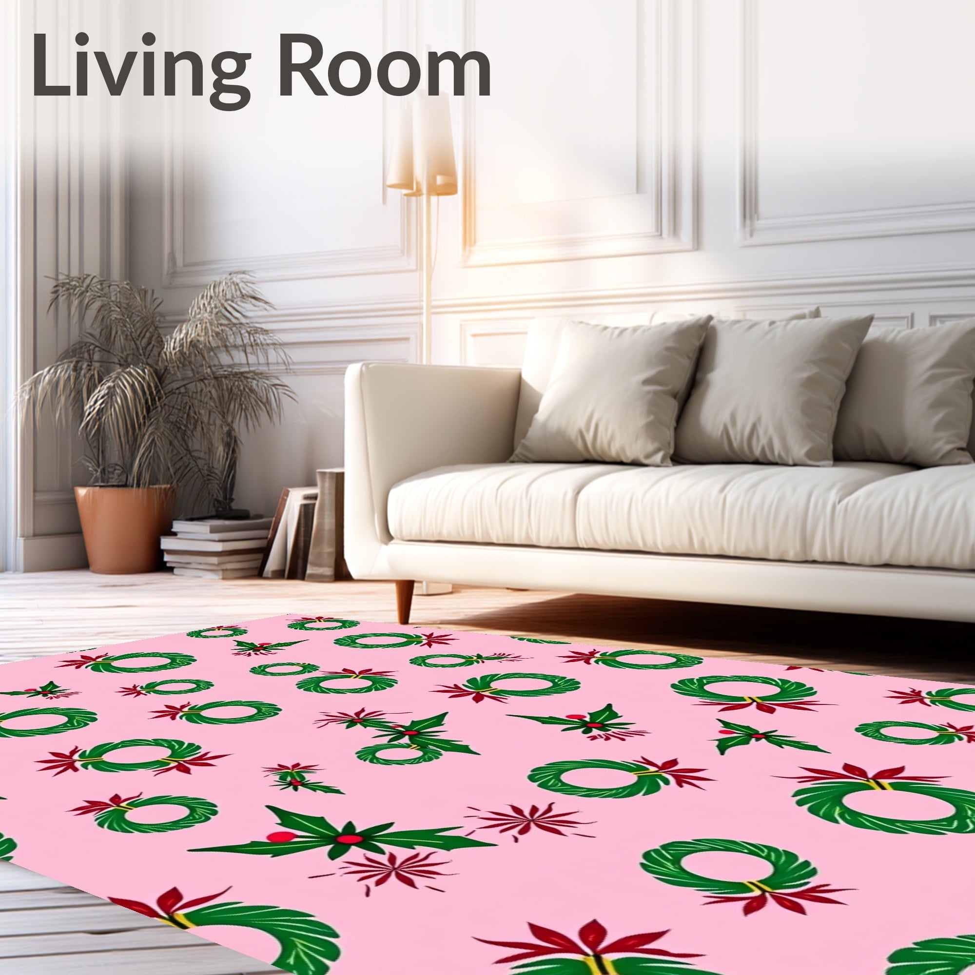 Festive Green Wreath Holly Red Bows Rug