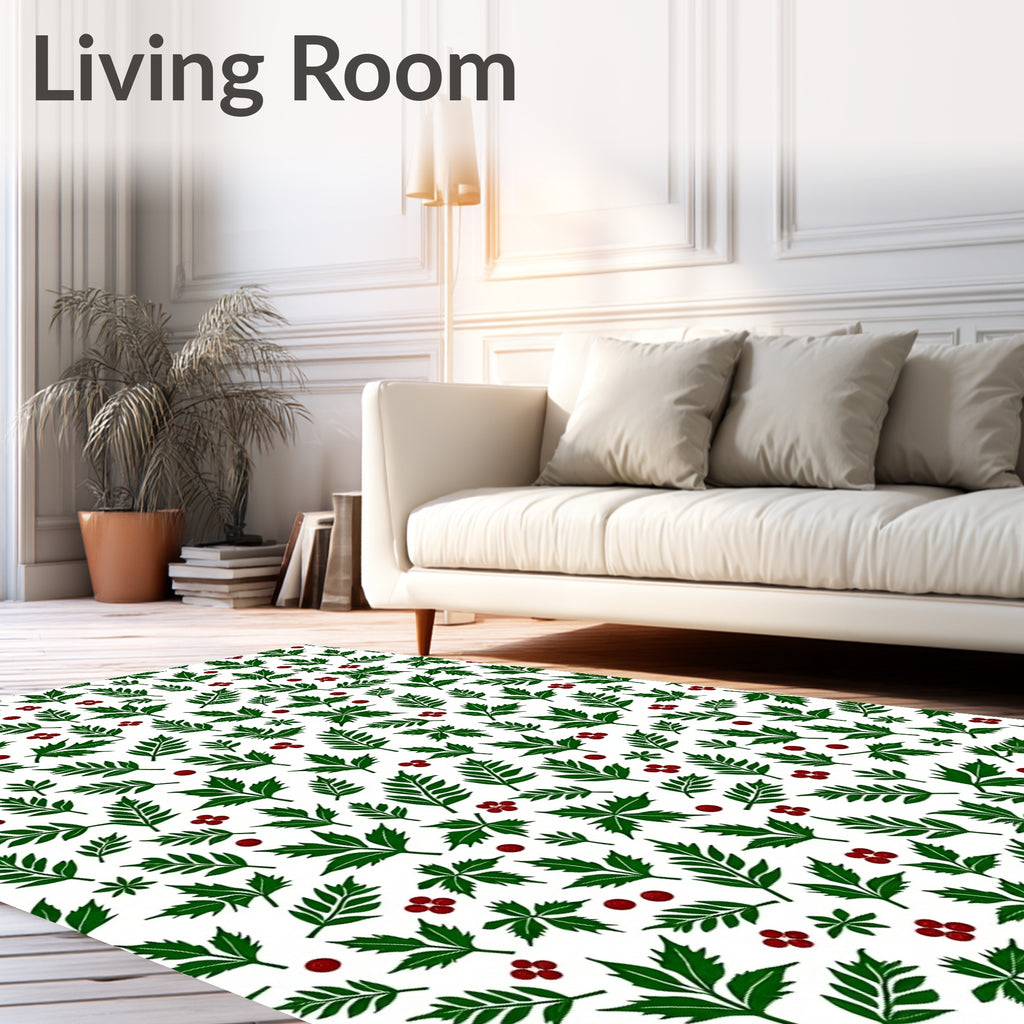 Green Leaf Red Berry Botanical Background Rug