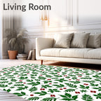 Green Leaf Red Berry Botanical Background Rug