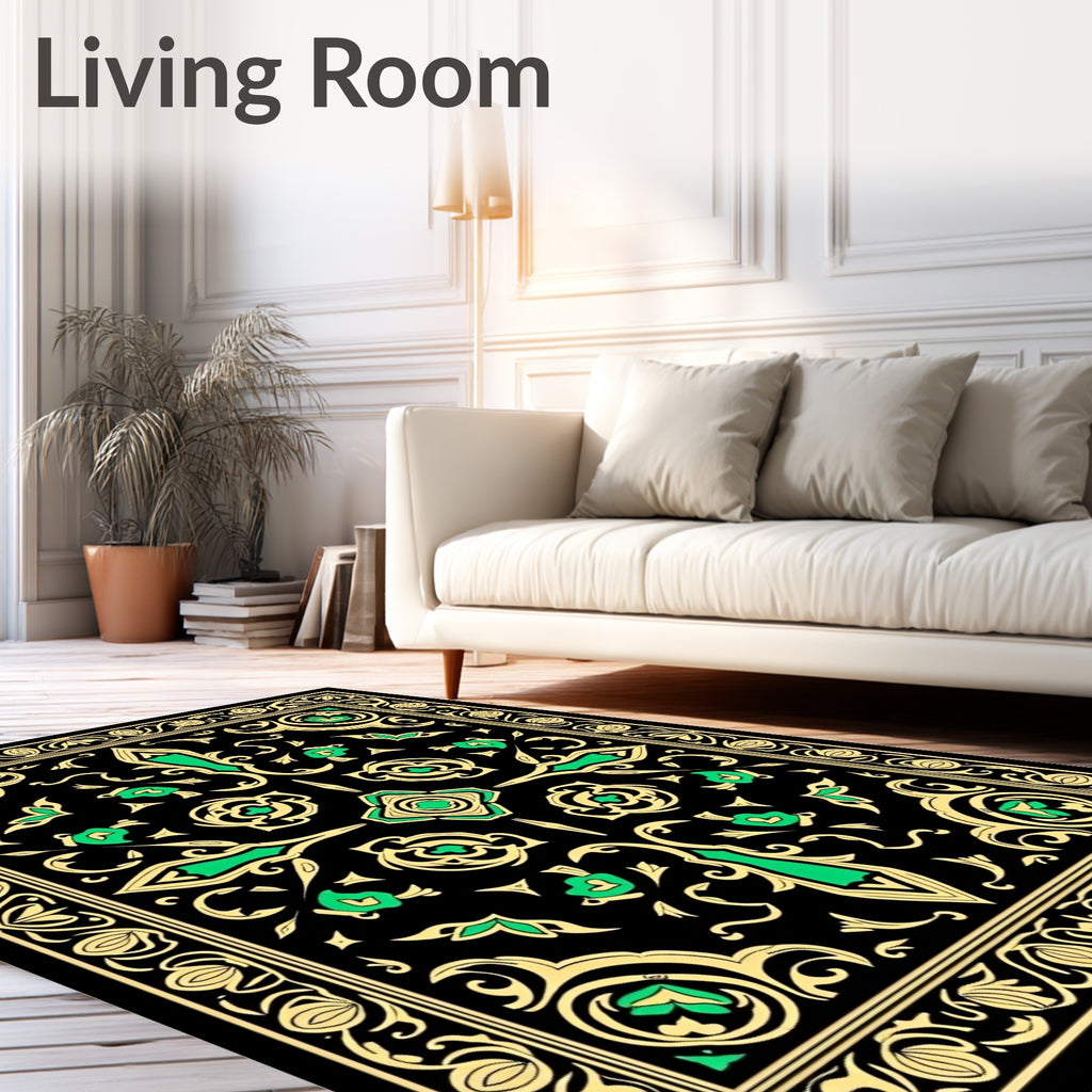 Black gold green ornate floral Rug