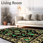 Black gold green ornate floral Rug