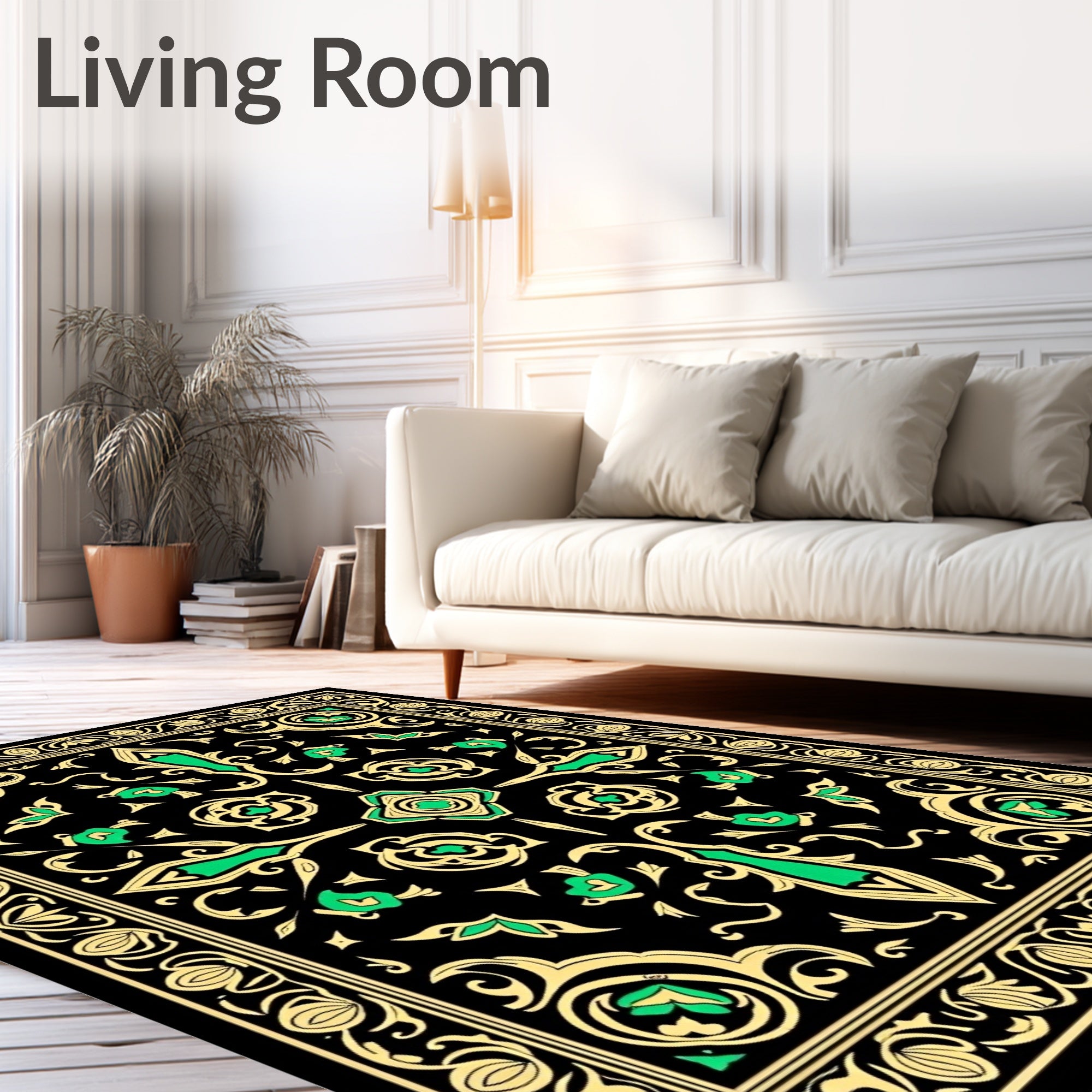 Black gold green ornate floral Rug