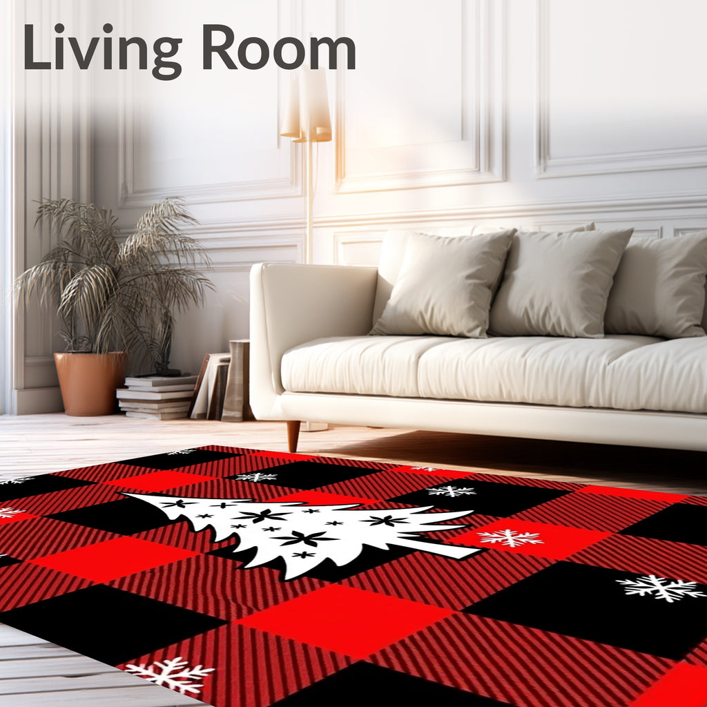 Red Black Buffalo Plaid Christmas Tree Snowflakes Rug