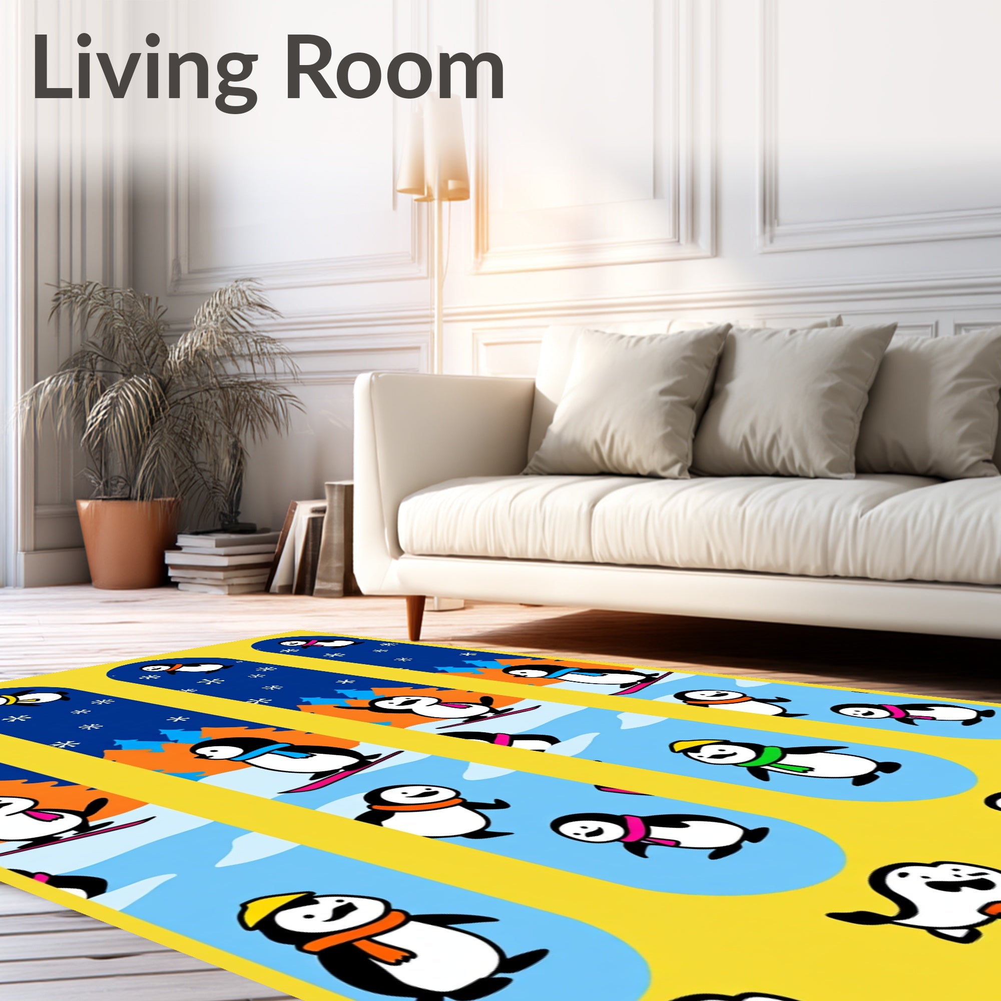 Winter Penguin Skiing Snowflakes Scene Rug