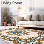 Ornate Gold Blue Floral Border Medallion Rug