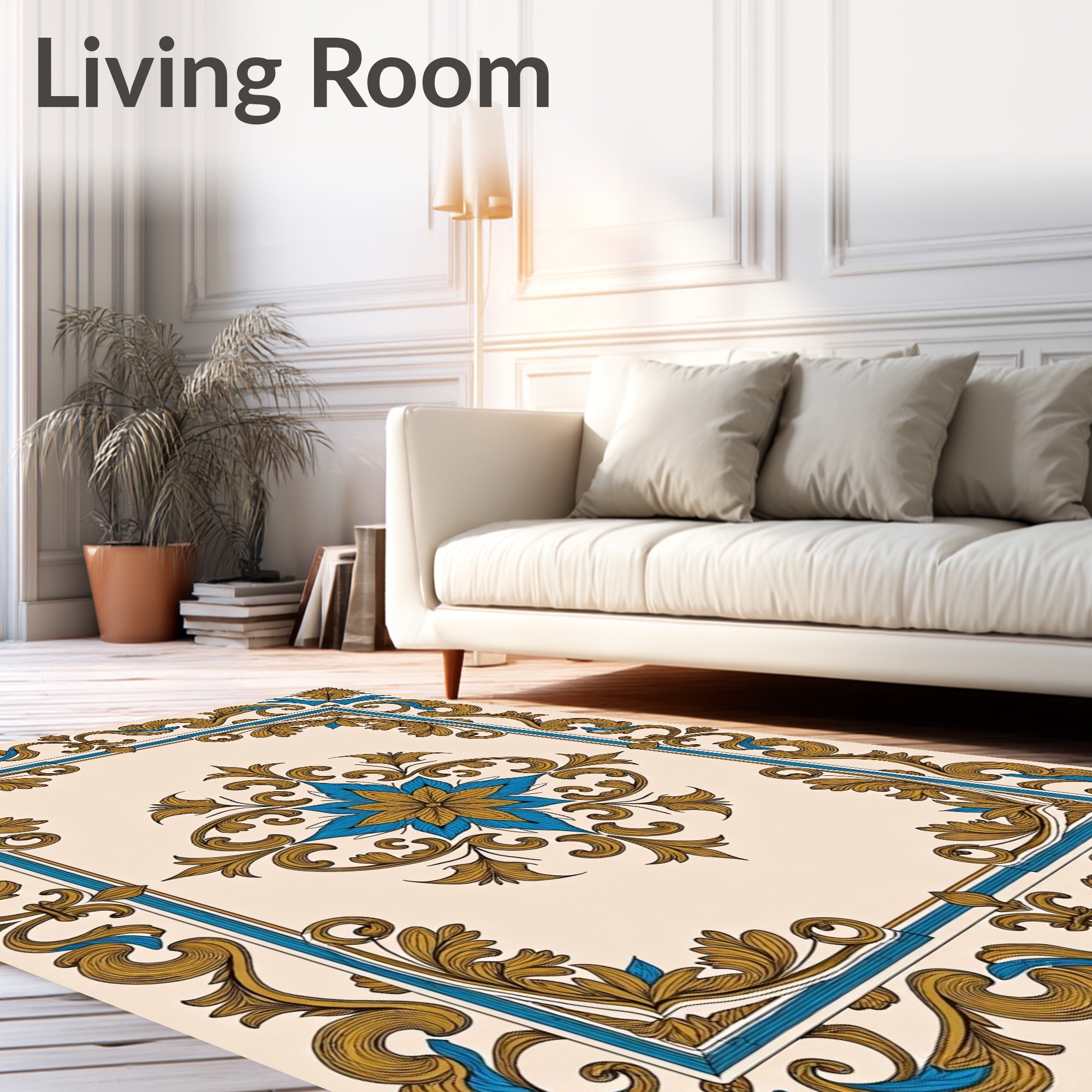 Ornate Gold Blue Floral Border Medallion Rug