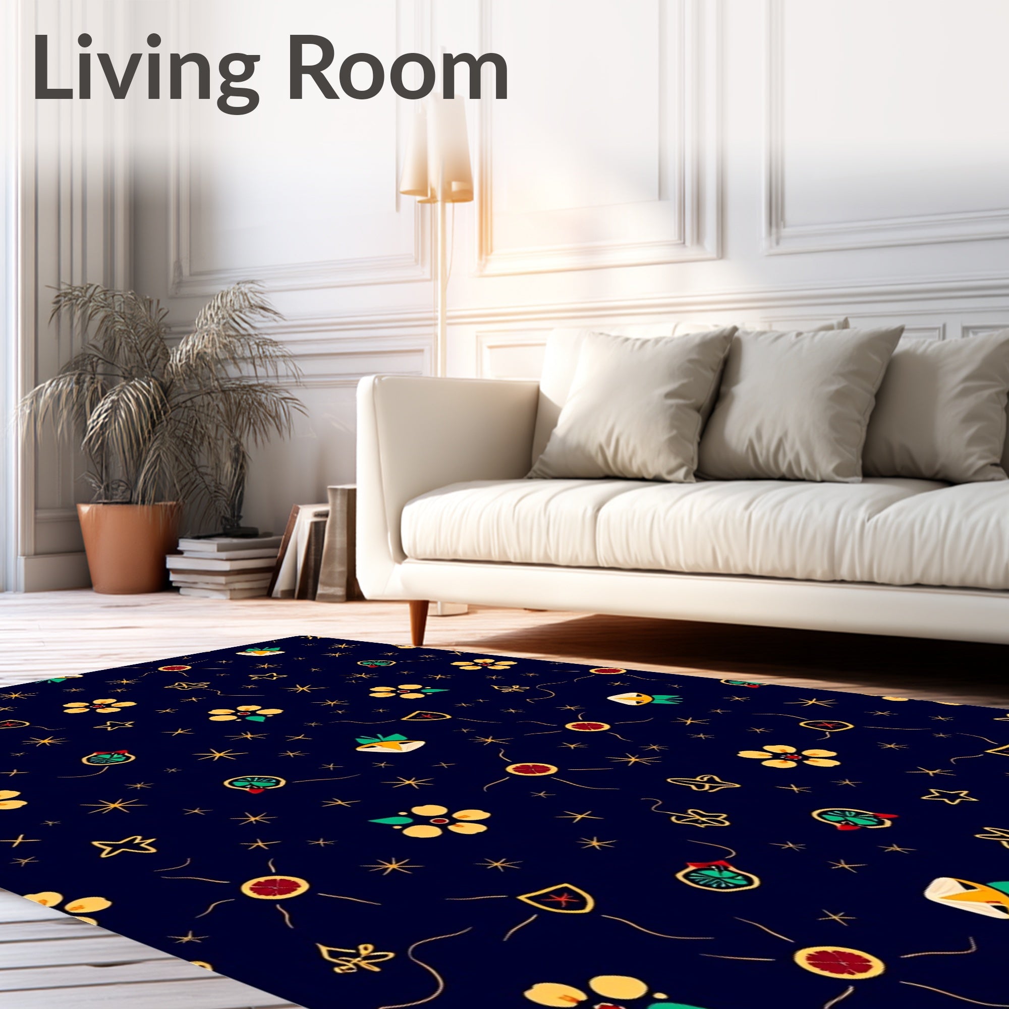 Navy Yellow Floral Starburst Motif Rug