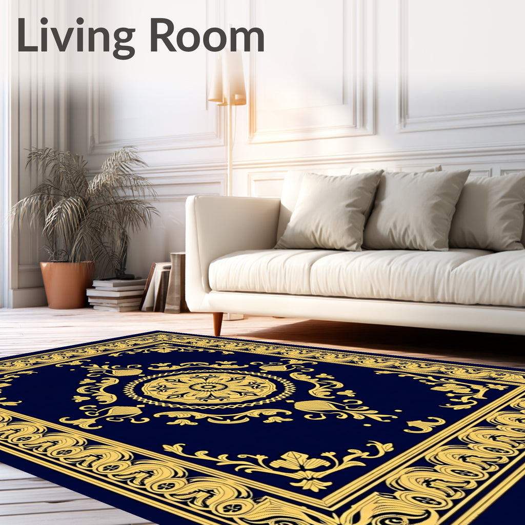 Elegant Gold Floral Medallion Navy Rug