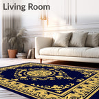 Elegant Gold Floral Medallion Navy Rug