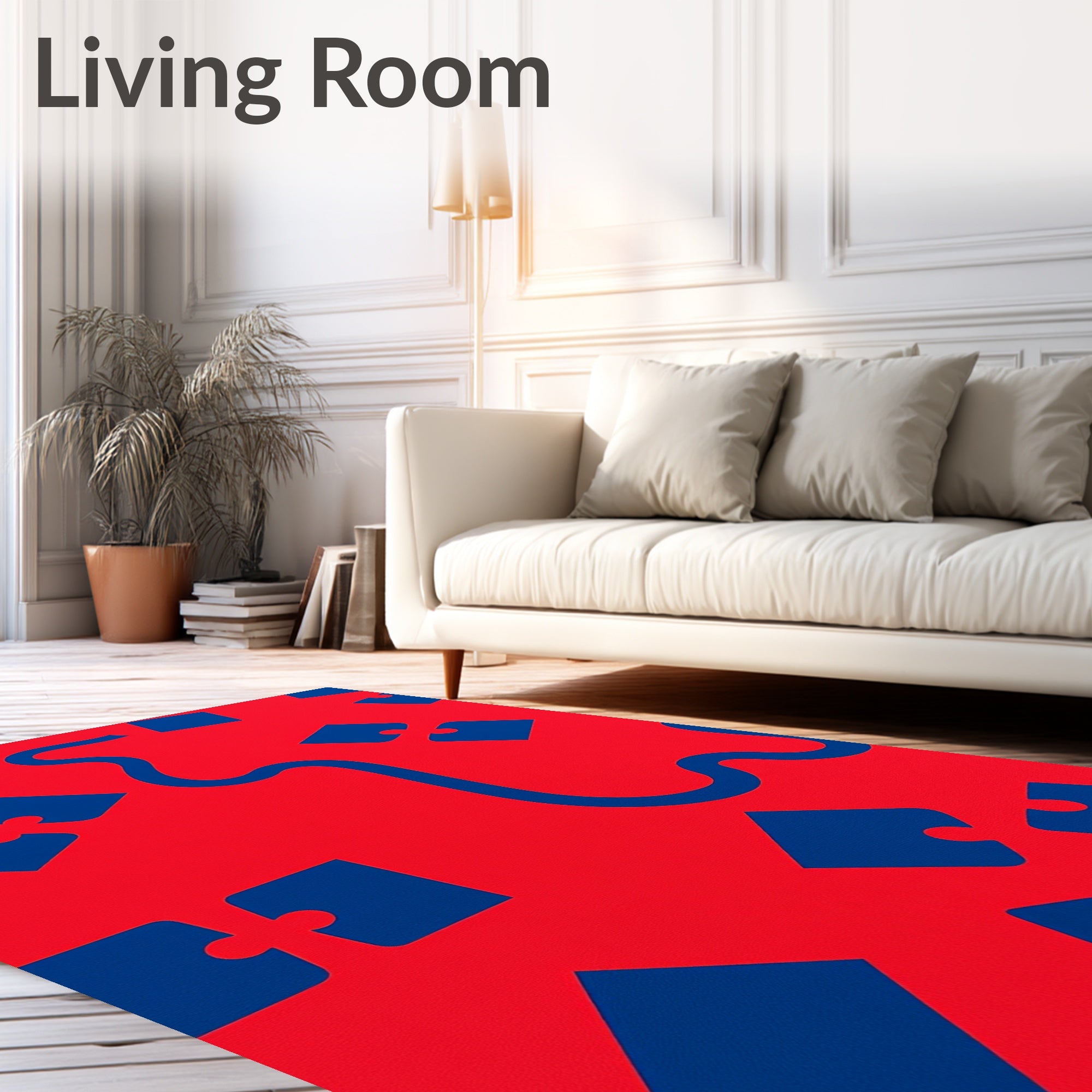 Crimson Blue Puzzle Piece Whimsy Rug