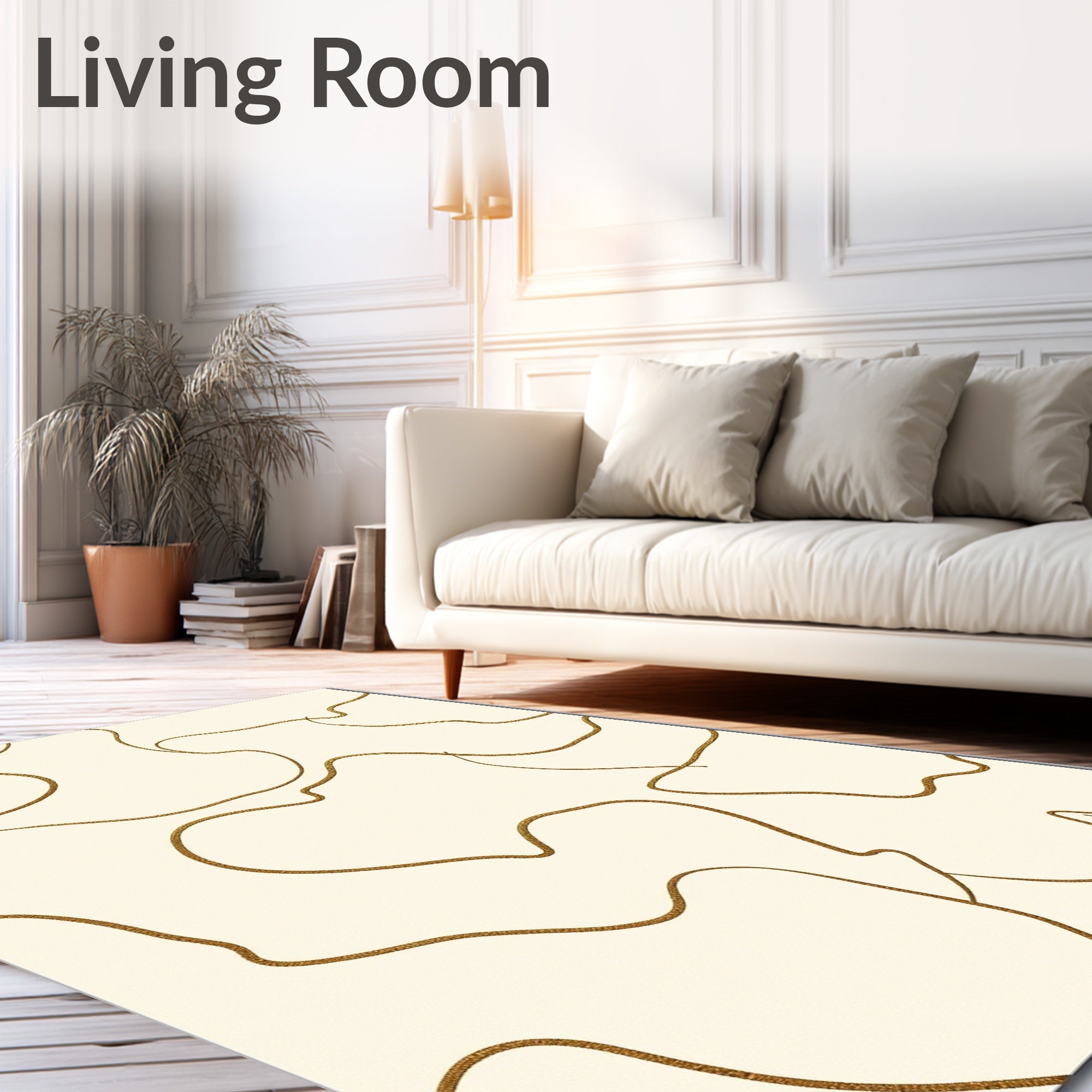 Cream and Gold Abstract Swirl Rug