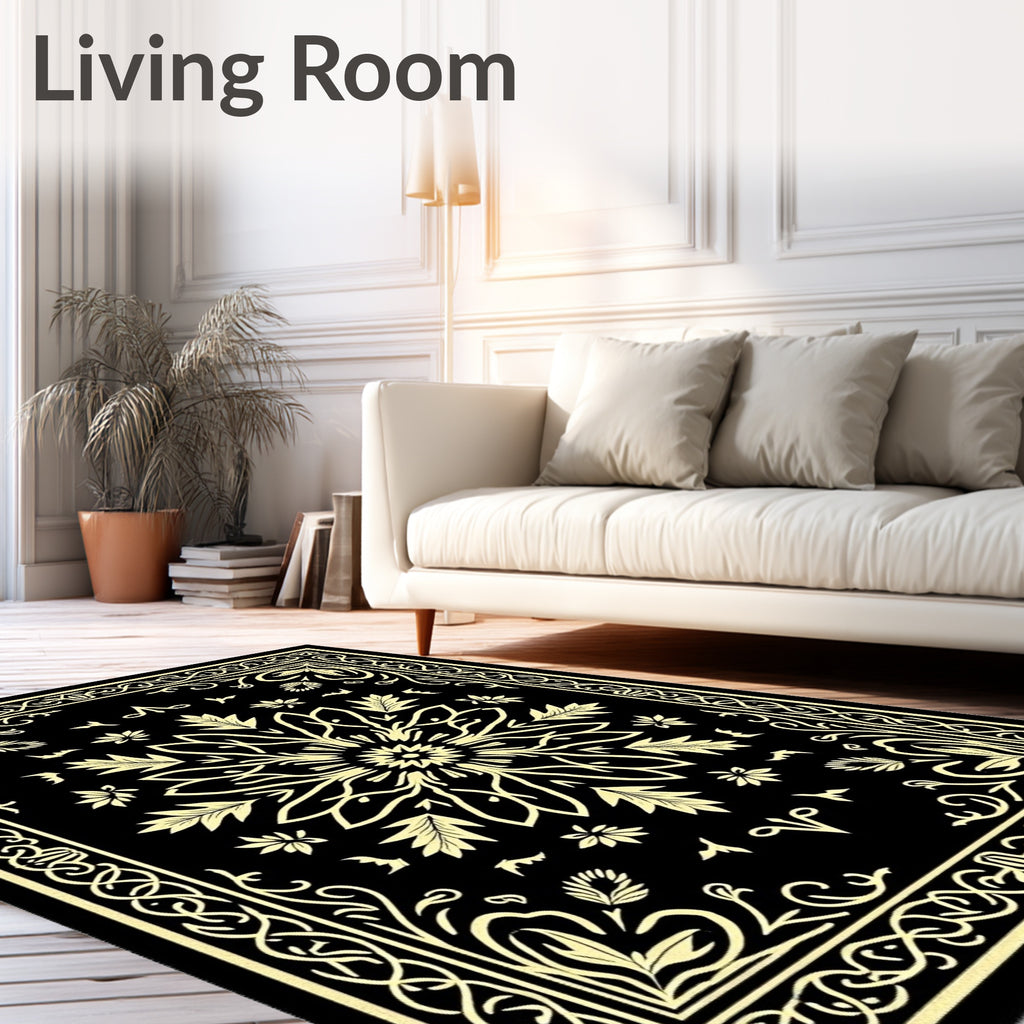 Black Cream Floral Medallion Border Rug