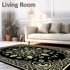 Black Cream Floral Medallion Border Rug