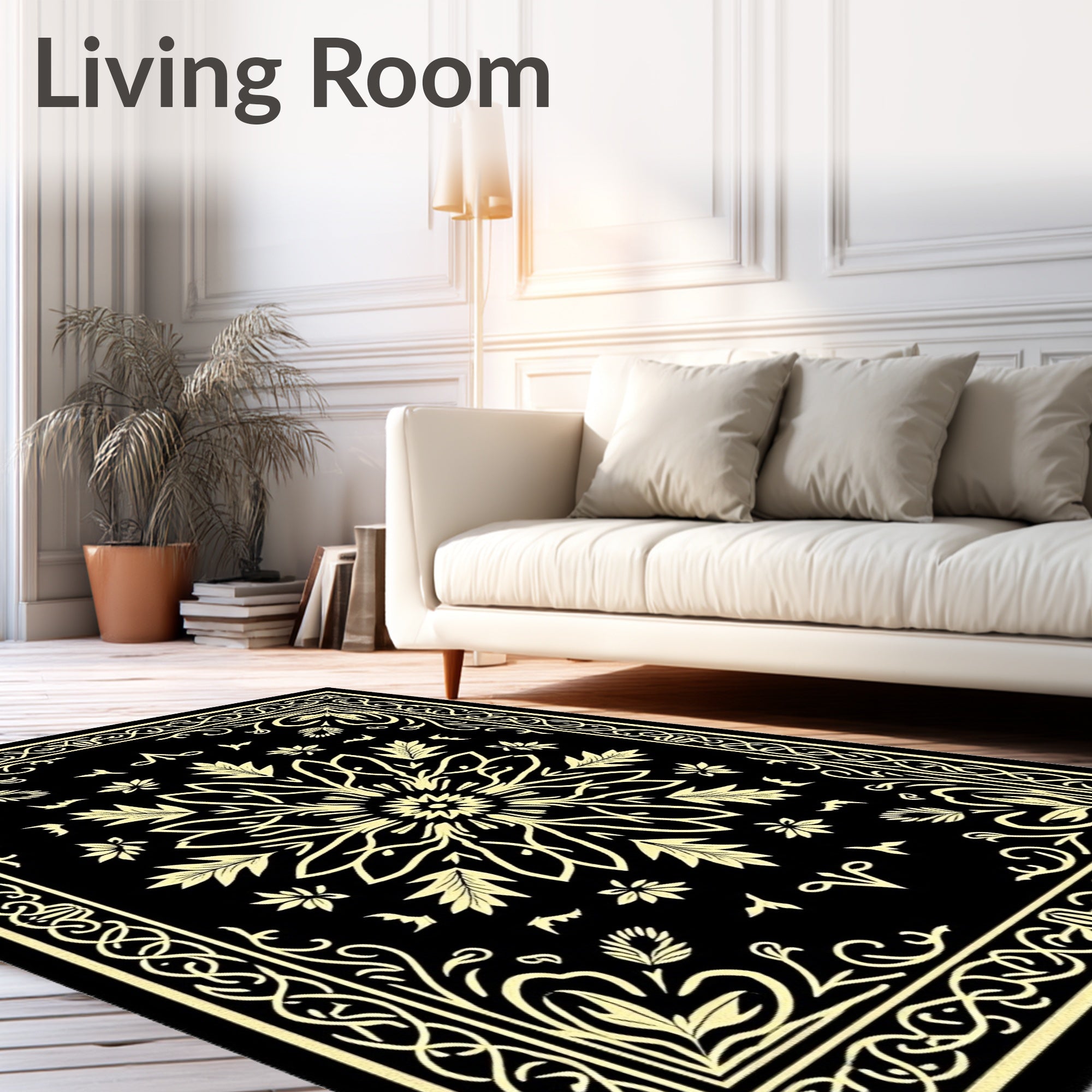 Black Cream Floral Medallion Border Rug