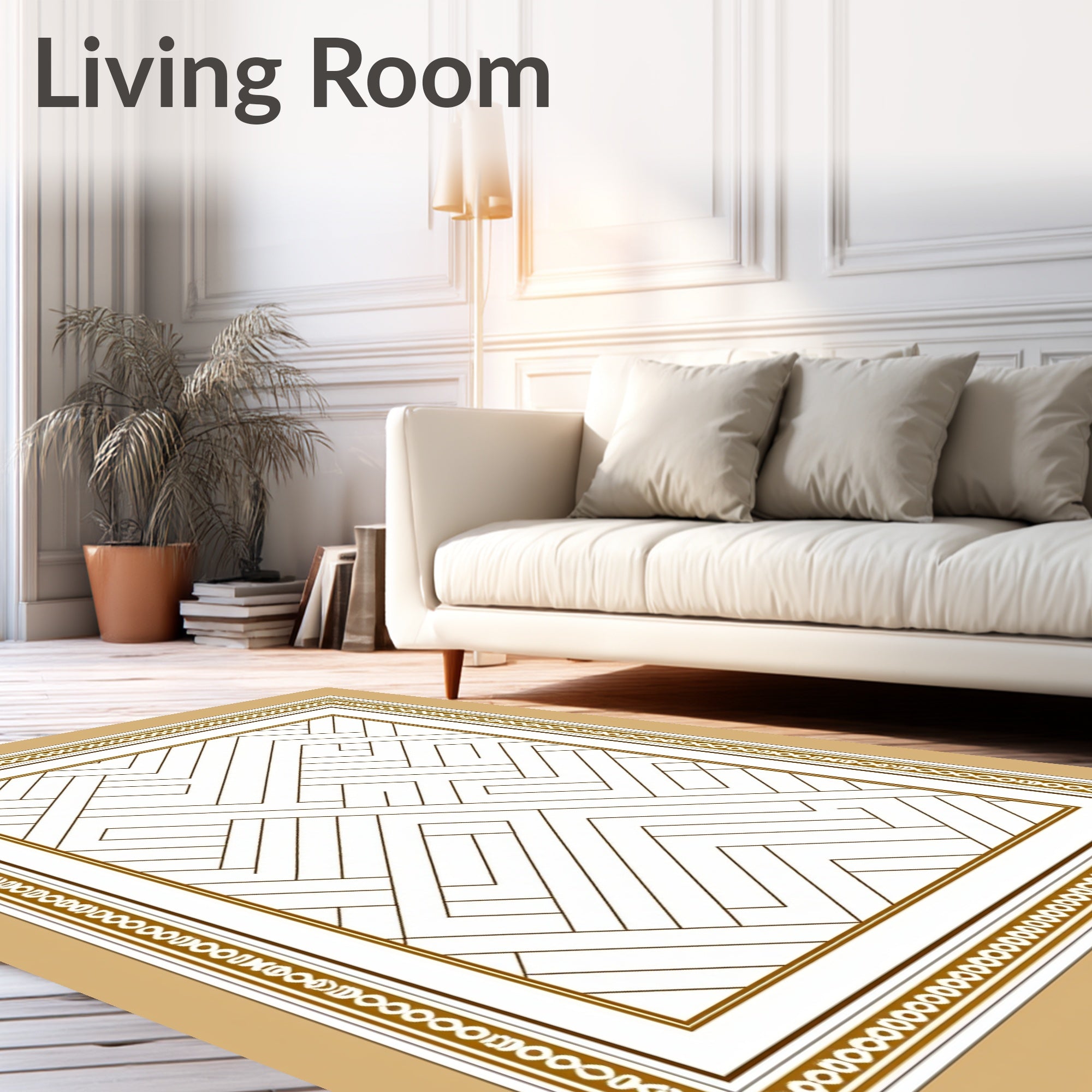 Geometric Golden Labyrinth Border Rug