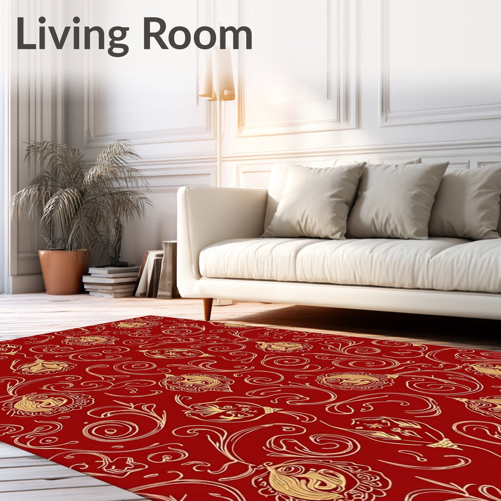 Red Gold Ornate Vintage Bauble Swirl Rug