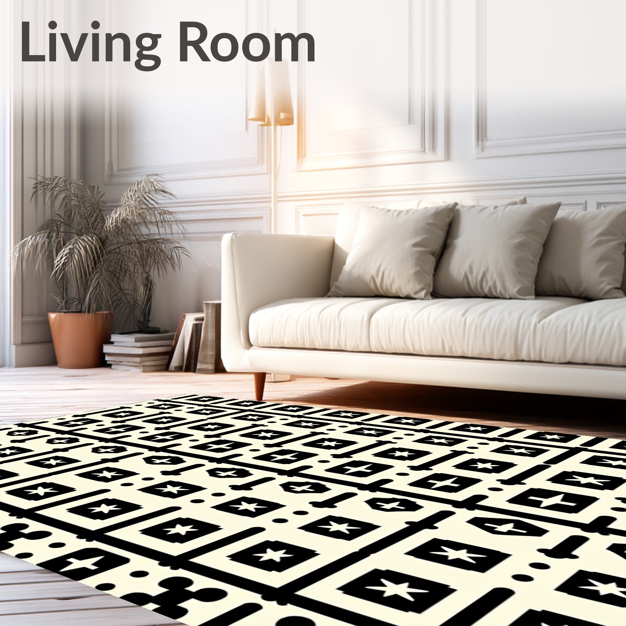 Cream And Black Geometric Star Medallion Rug