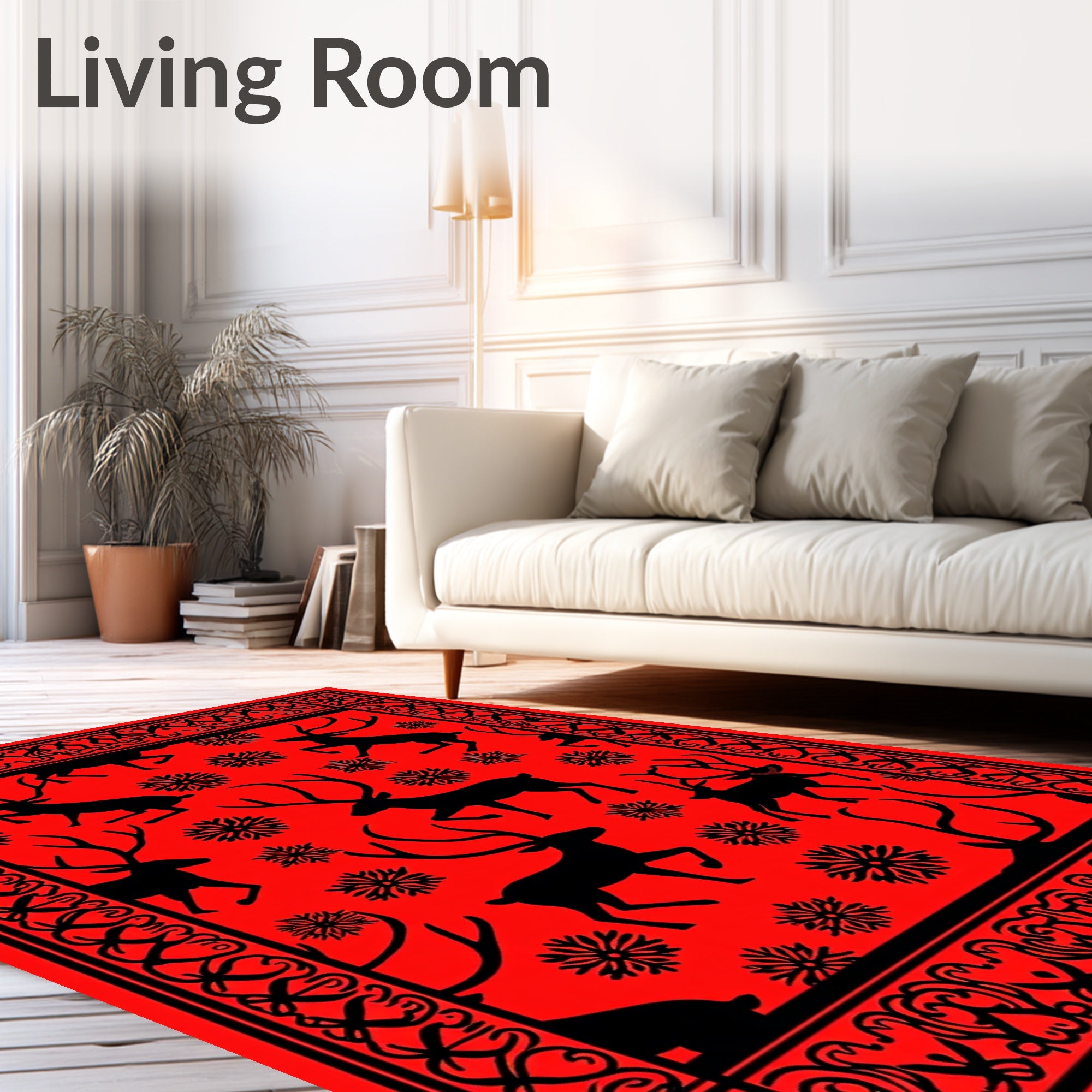 Red Black Reindeer Snowflake Border Rug